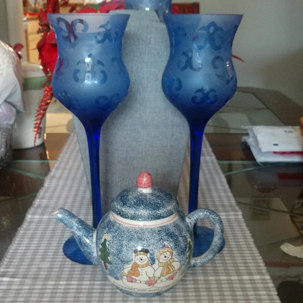 Blue Frosted Glass Candle Holders with Blue Snowman Teapot Accent